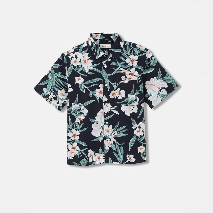 boys blue printed spread collar short sleeves shirt