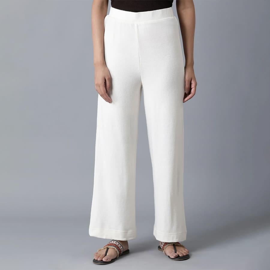 White Solid Straight Fit Palazzo With Elasticated Waistband