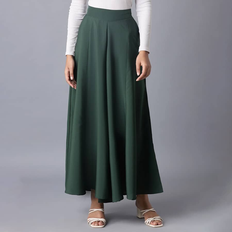 Muted Sage Green Solid Flared Woven Palazzo With Elasticated Waistband