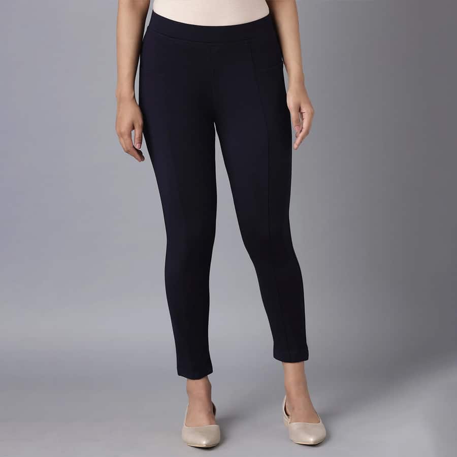 Navy Blue Solid Straight Fit Tights With Elasticated Waist