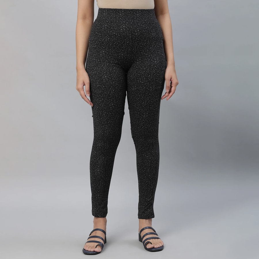 Black Printed Skinny Fit Tights With Elasticated Waist