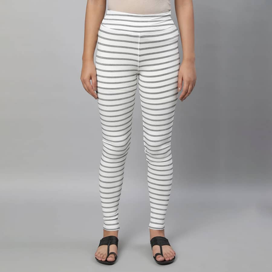White Striped Skinny Fit Cotton Tights With High Waistband