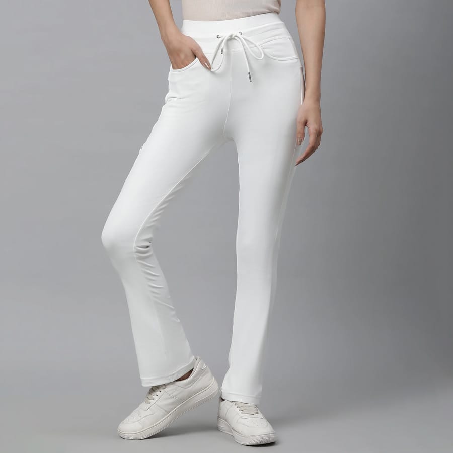 White Solid Boot Cut Pants With Drawstring