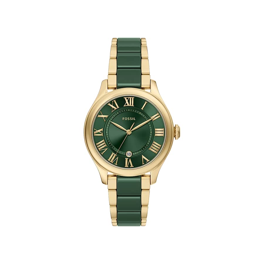 Gilmore Three Hand Date Gold Tone Stainless Steel Green Ceramic Watch