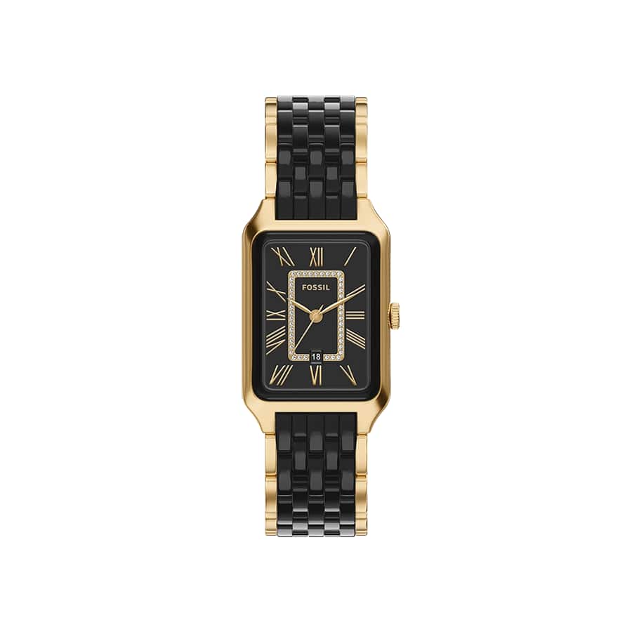 Raquel Three Hand Date Gold Tone Stainless Steel And Black Ceramic Watch