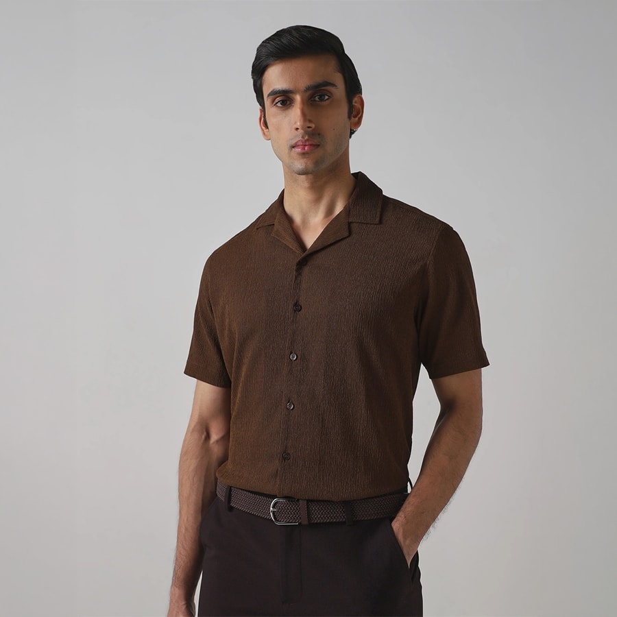 Brown Crinkle Stretch Shirt