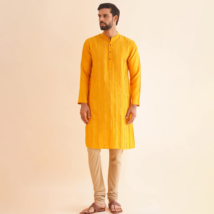 Men Yellow Viscose Silk Mandarin Collar Regular Fit Kurta