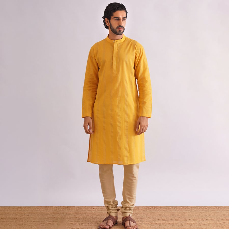 Men Yellow Cotton Dobby Mandarin Collar Regular Fit Kurta