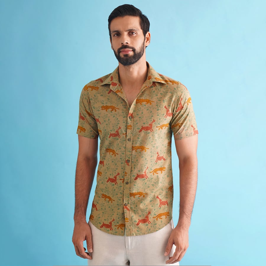 Men Multicolour Cotton Animal Block Print Collar Neck Regular Fit Shirts