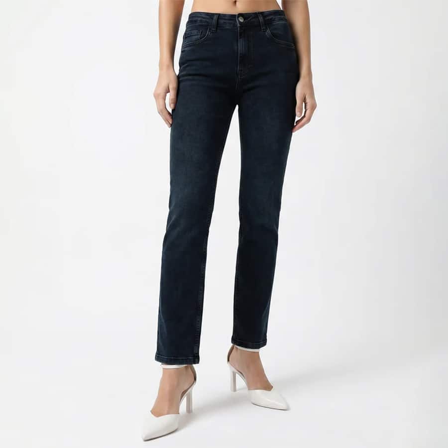 Slate Blue High-Rise Slim Straight Fit Jeans