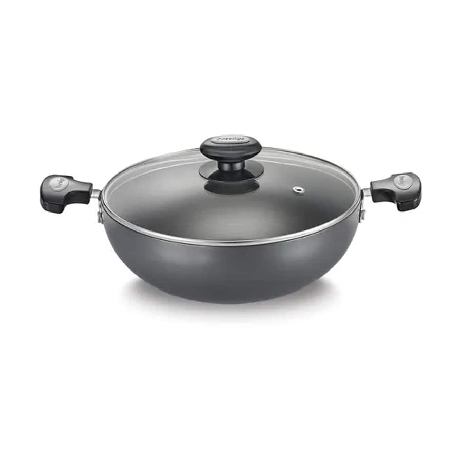 Prestige Hard Anodised Plus Gas and Induction Compatible Kadai with Glass Lid, Black