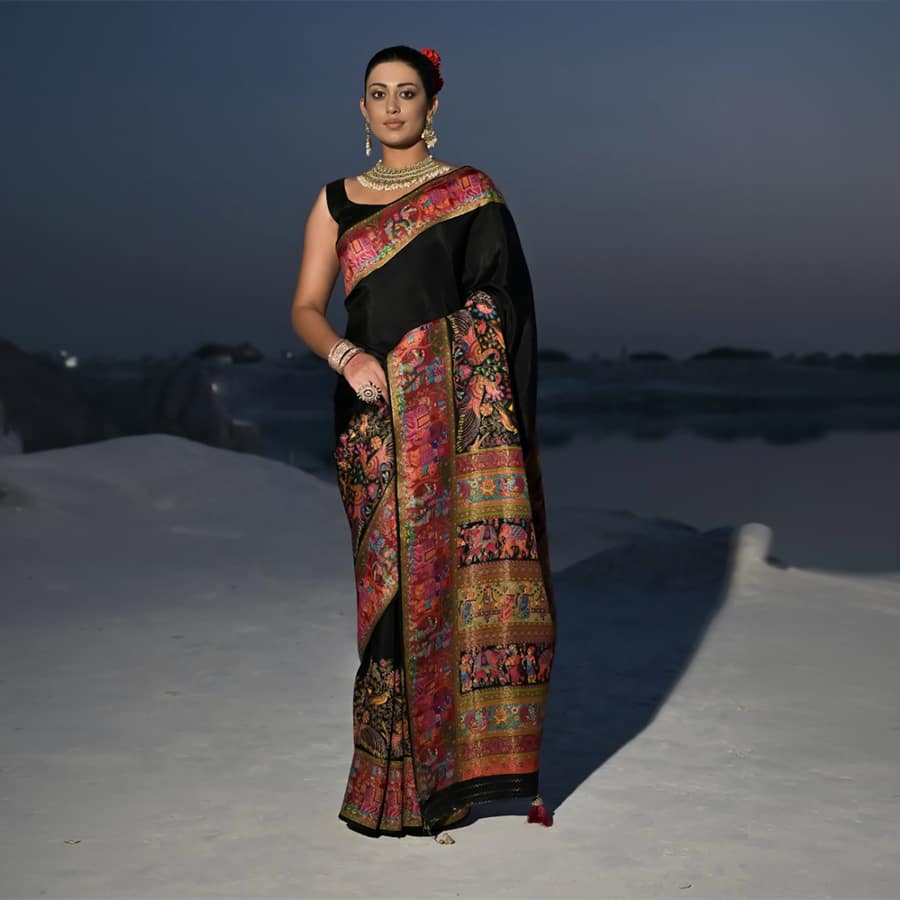 Black Hand Embroidered Crepe Silk Saree