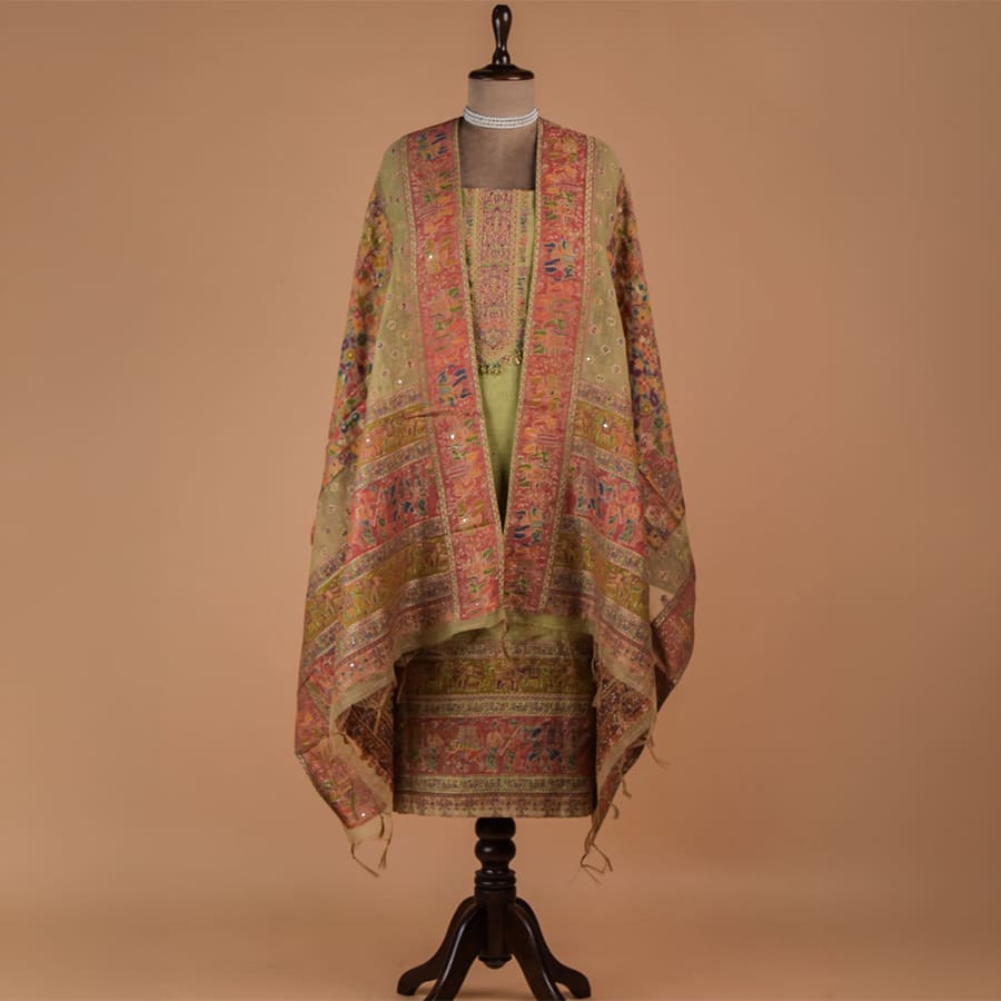 Green Cotton Tussar Dress Material