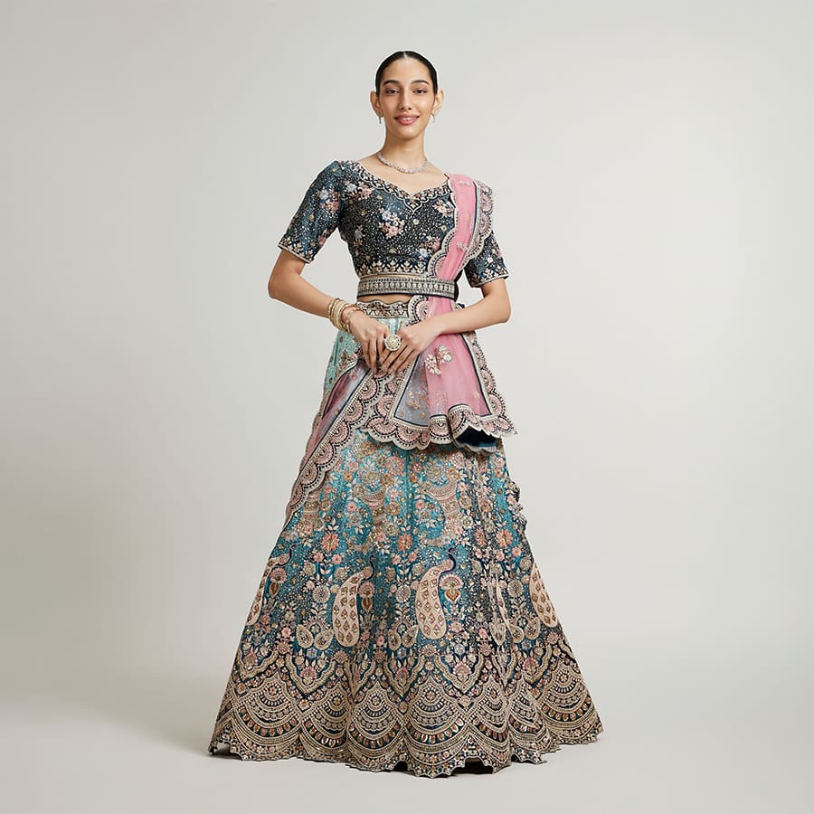 Stellar Blue Embroidered Lehenga with Imperial, Floral And Peacock Motifs
