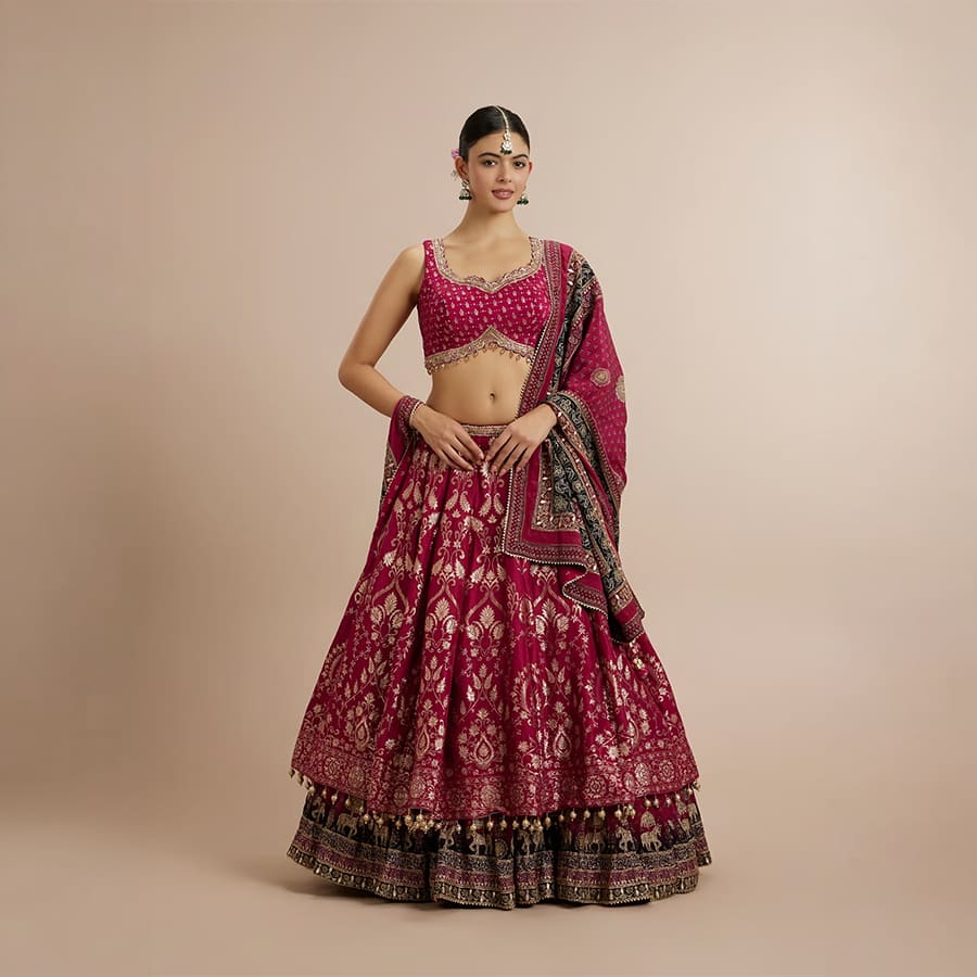 Rashmika's Zari Embroidered Bridal Lehenga with Signature Elephant Border
