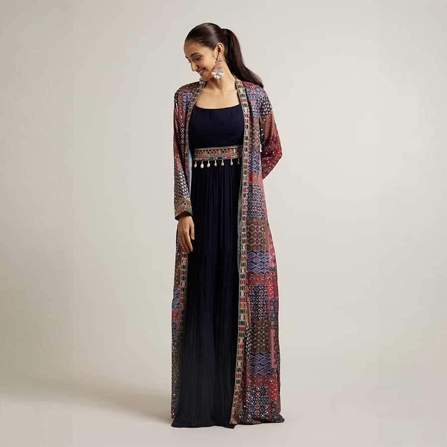 Indigo Blue Imperial Print Long Indo Western with Sequin Work