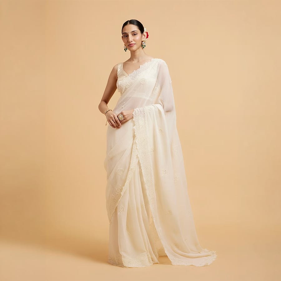Enchanting Dark Cream Organza Saree