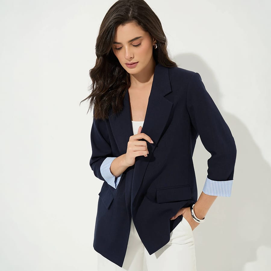 Zephyr Rolled Up Sleeves Blazer-Navy