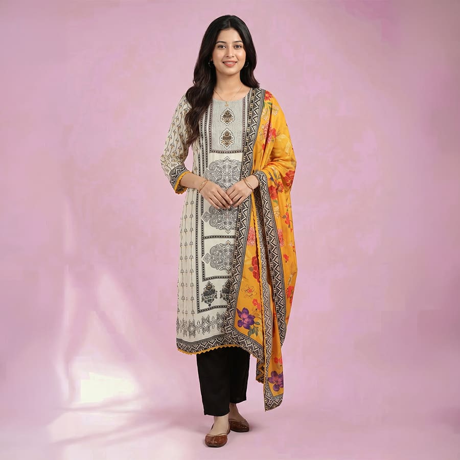 Cream Black Printed Cotton Blend Round Neck Suit Set