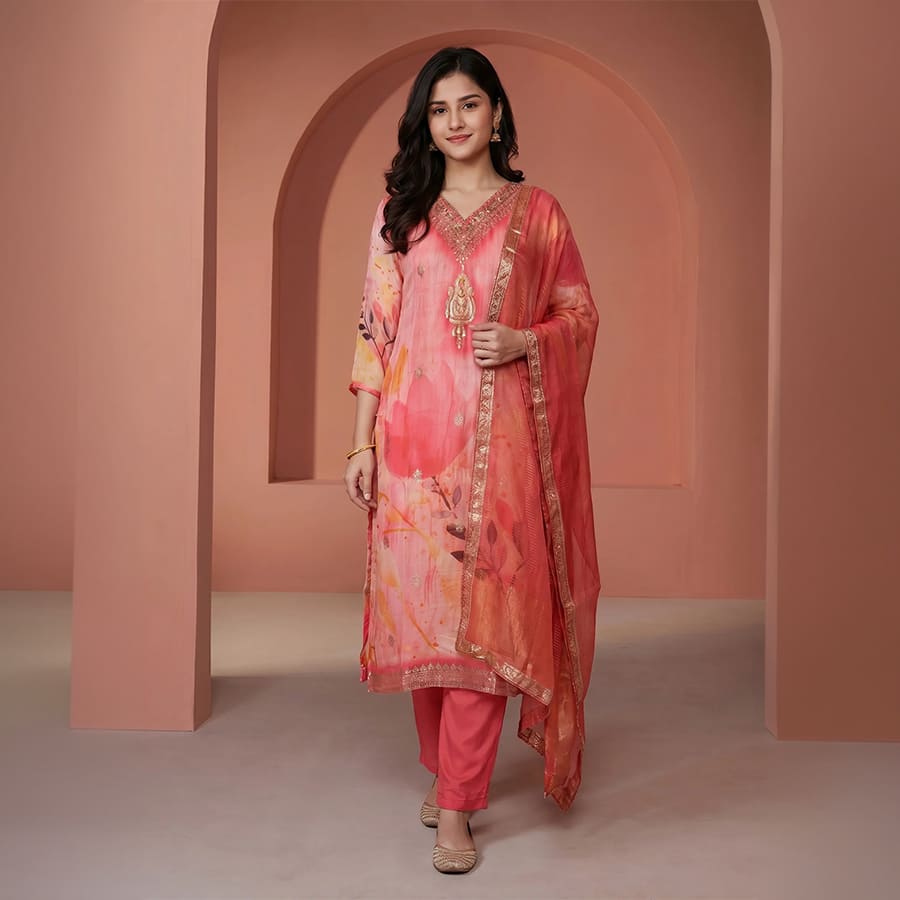 Pink Embroidered Chanderi V Neck Suit Set