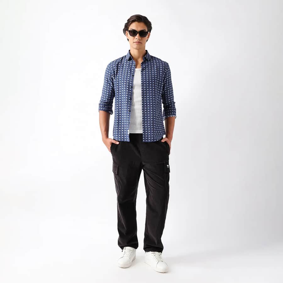 Blue Regular Fit Geometric Print Casual Shirt