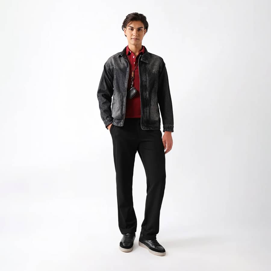 Black Straight Fit Solid Smart Casual Trousers with Front Pleats