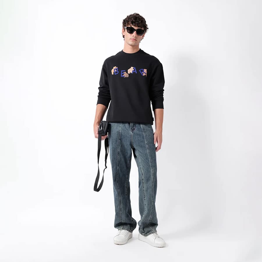 Black Relaxed Fit Crew Neck Sweatshirt with BEAR Letter Applique