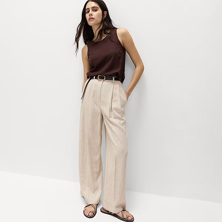 Linen Blend Pleat Front Wide Leg Trousers