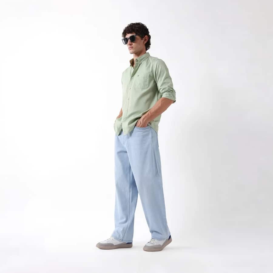 Light Blue Mid-Rise Baggy Fit Jeans with Light Fade