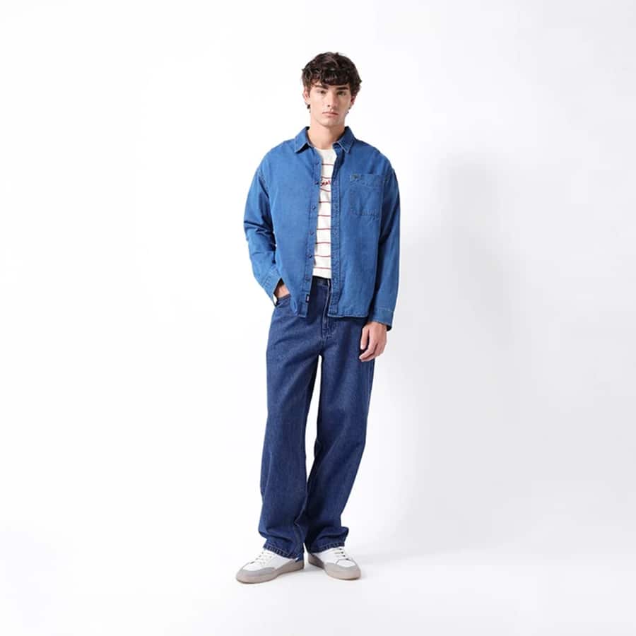 Mid Blue Mid-Rise Baggy Fit Jeans with Light Fade