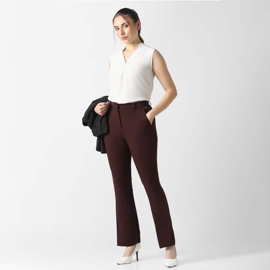 Women Maroon Solid Formal Trousers