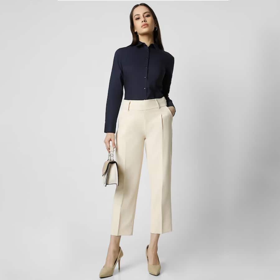 Women Navy Solid Long Sleeves Formal Shirt