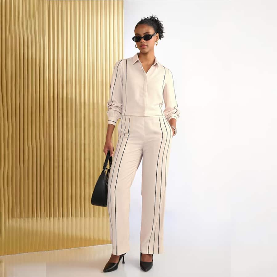 Women Beige Stripe Long Sleeves Shirt