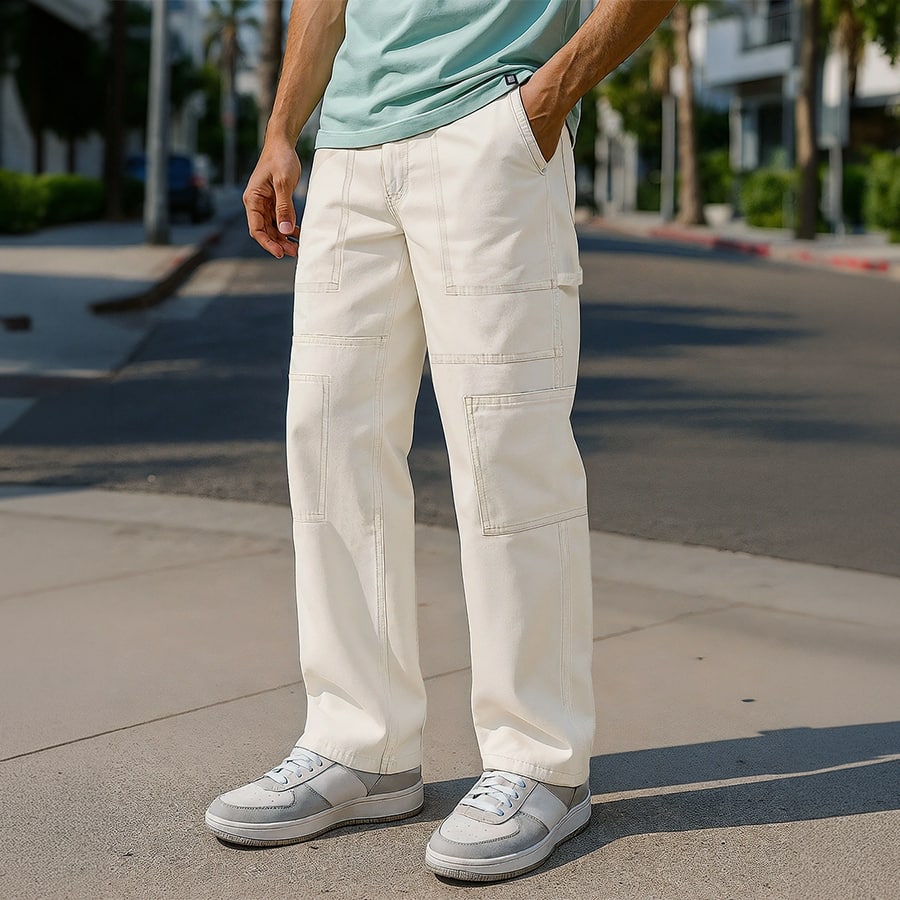 Men's Beige Baggy Fit Cargo Carpenter Mid-Rise Jeans