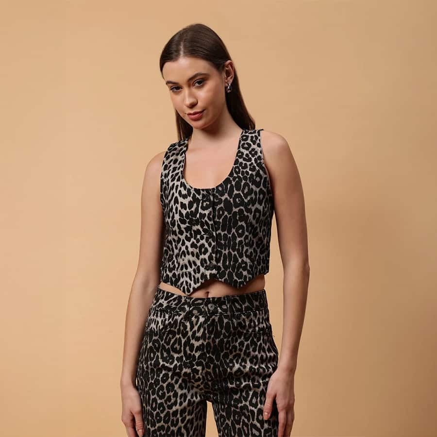 Gaiia Leopard Print Denim Waistcoat - Black