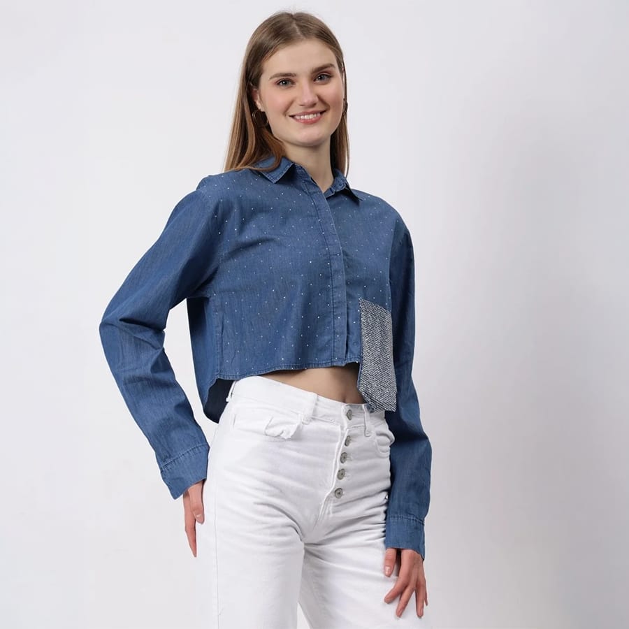 Gaiia Swaroski Studded Cropped Shirt - Blue