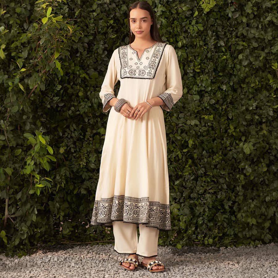Irina Pearl Ivory Embroidered Rayon Kurta Set for Women