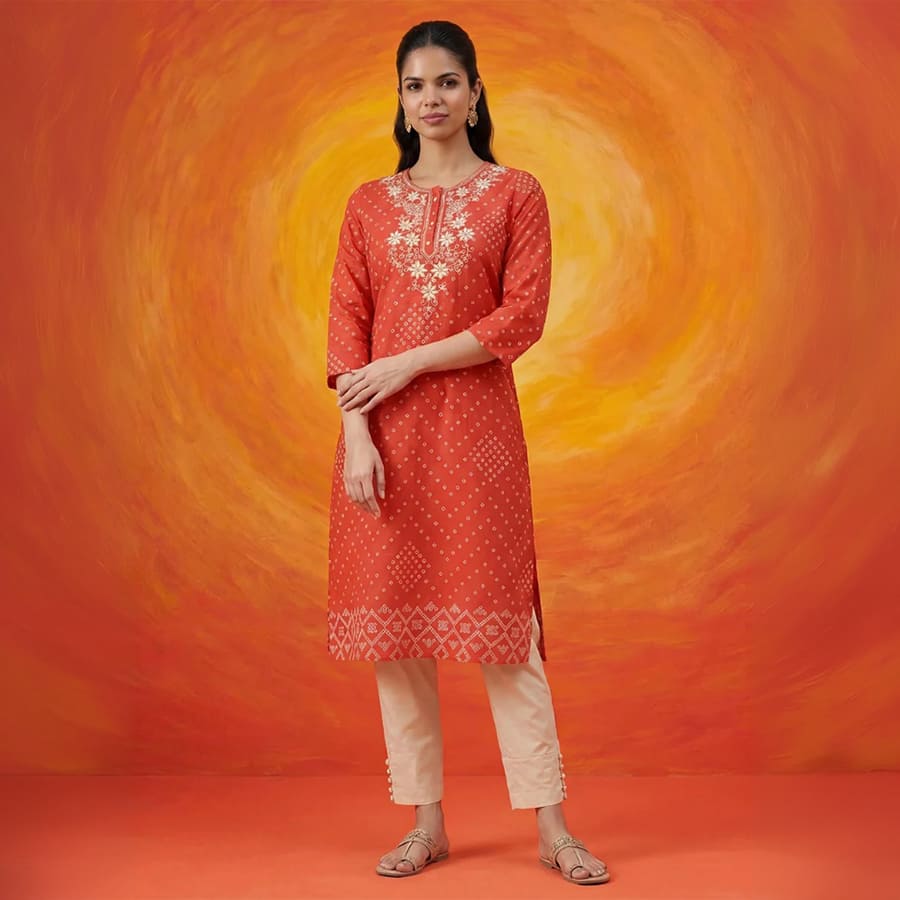 Khas Orange Bandhni Printed Straight Kurta