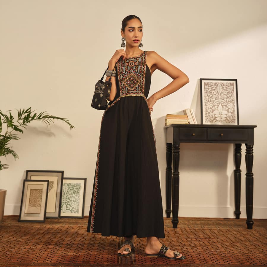 Embroidered Coin Jumpsuit in Black
