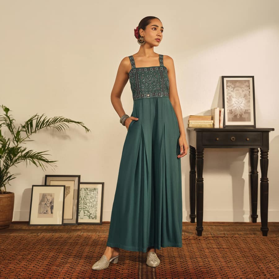 Embroidered Jumpsuit in Teal