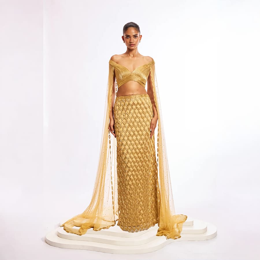 Metallic Petals Lattice Skirt and Sculpted Metallic Top with Draped Cape-sleeves