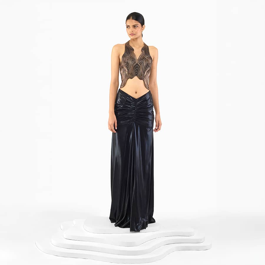ANTIQUE GOLD SPACE WAVE EMBELLISHED TOP & RUCHED SKIRT