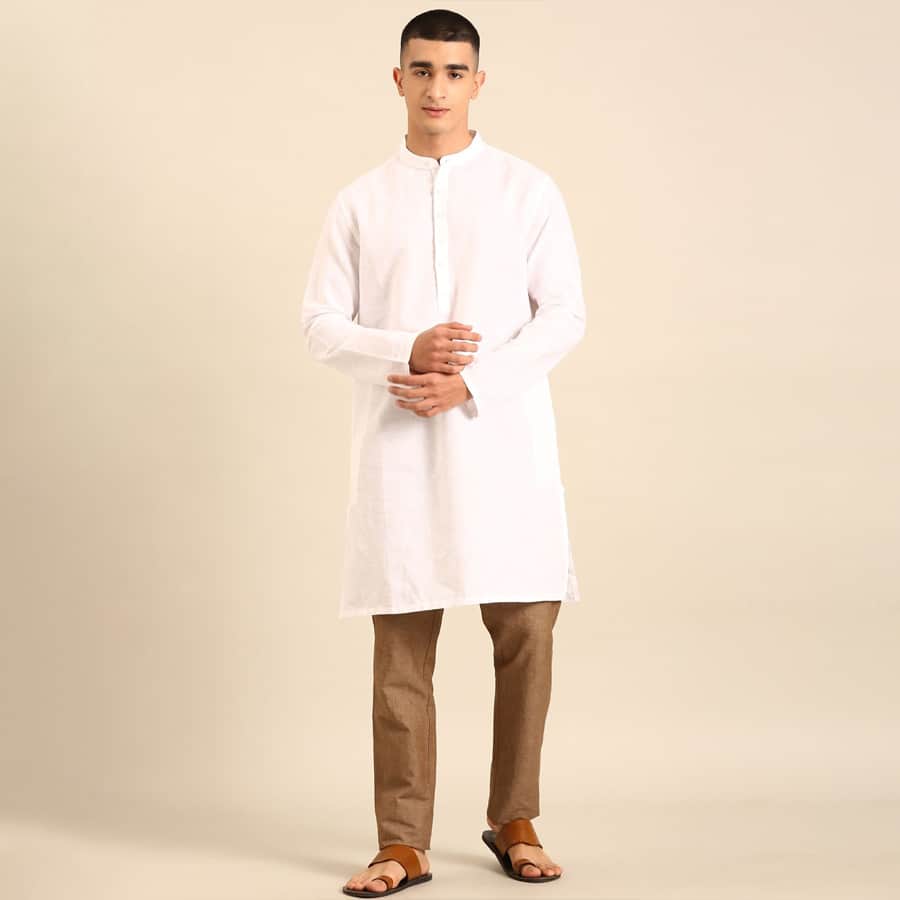 Linen Club Men's Pure Linen White Solid Regular Fit Full Sleeve Casual Kurta