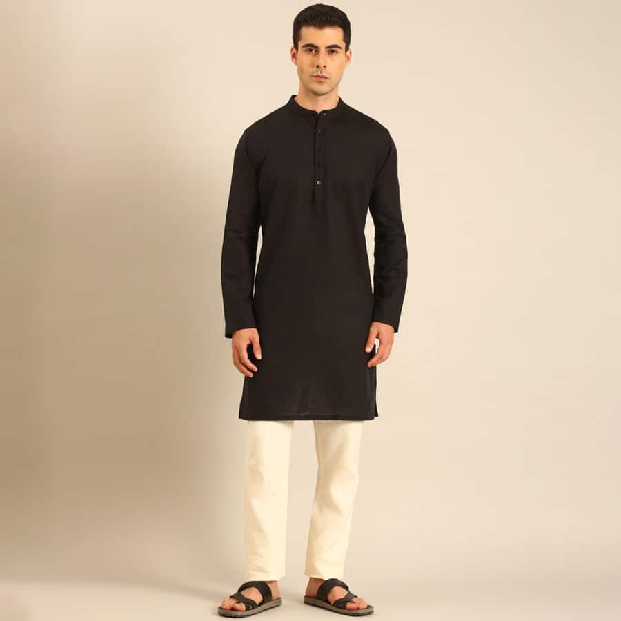 Linen Club Men's Linen Rich Black Solid Regular Fit Full Sleeve Kurta