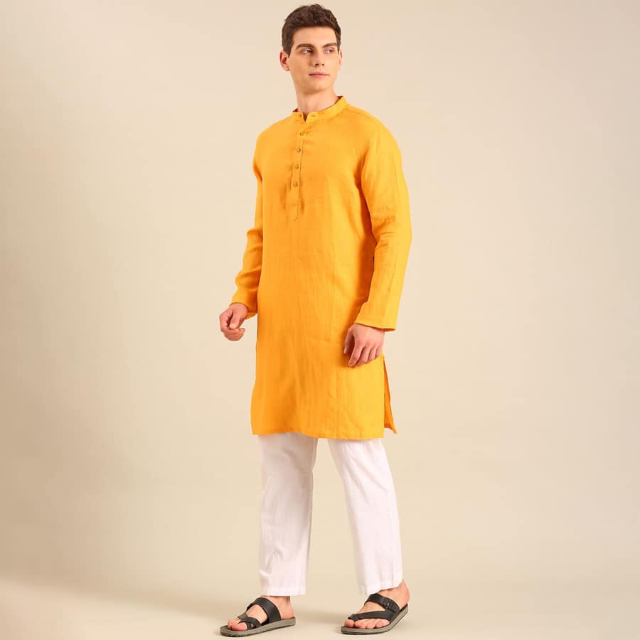 Linen Club Men's Linen Mustard Yellow Solid Regular Fit Casual Kurta LCKTSD8015174