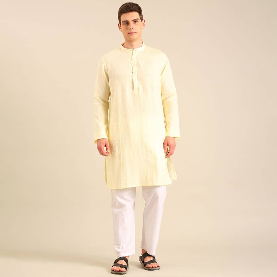 Linen Club Men's Linen Light Cream Solid Regular Fit Casual Kurta LCKTSD8015331