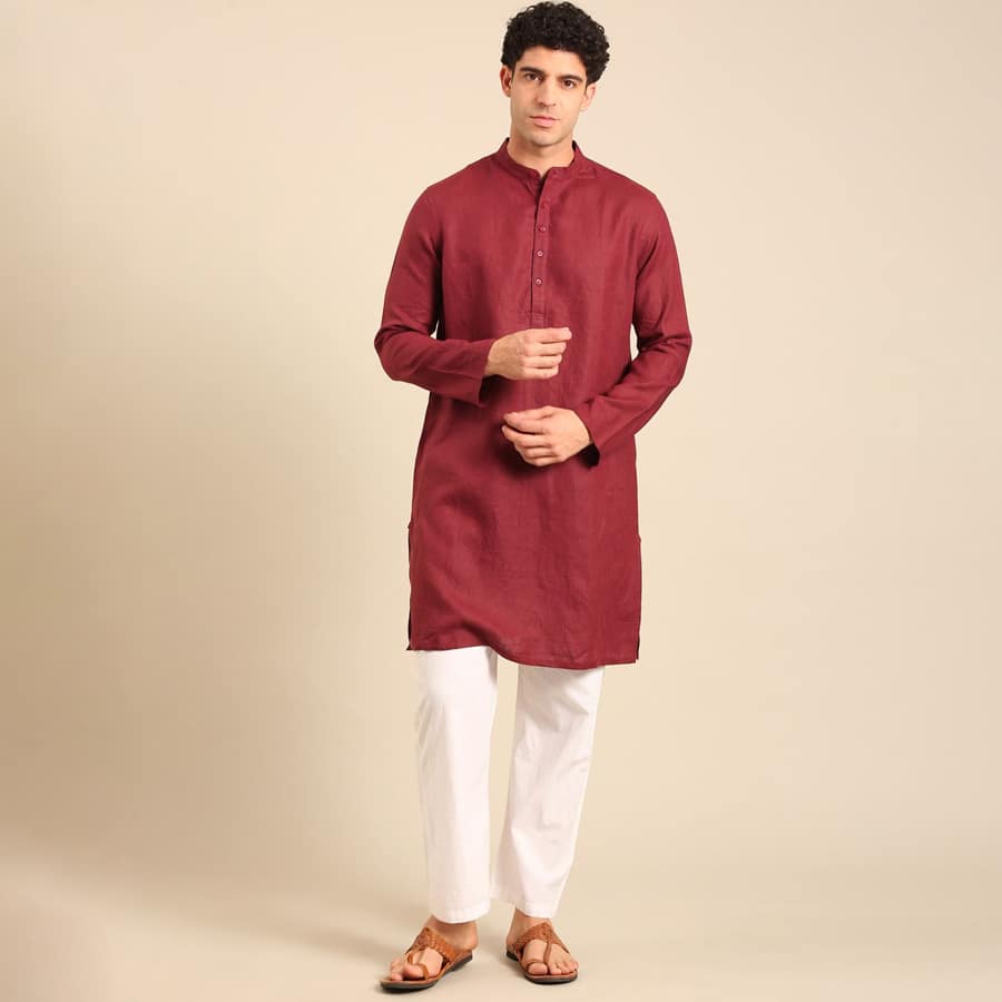 Linen Club Men's Contemporary Fit Pure Linen Full Sleeve Solid Kurta LCKTSD8015332