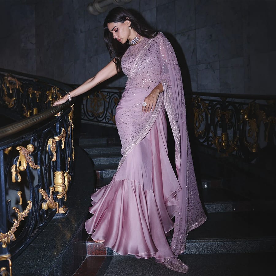 Pink Star Ruffle Saree Set