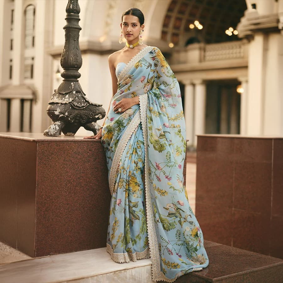 Powder Blue Printed Saree Set