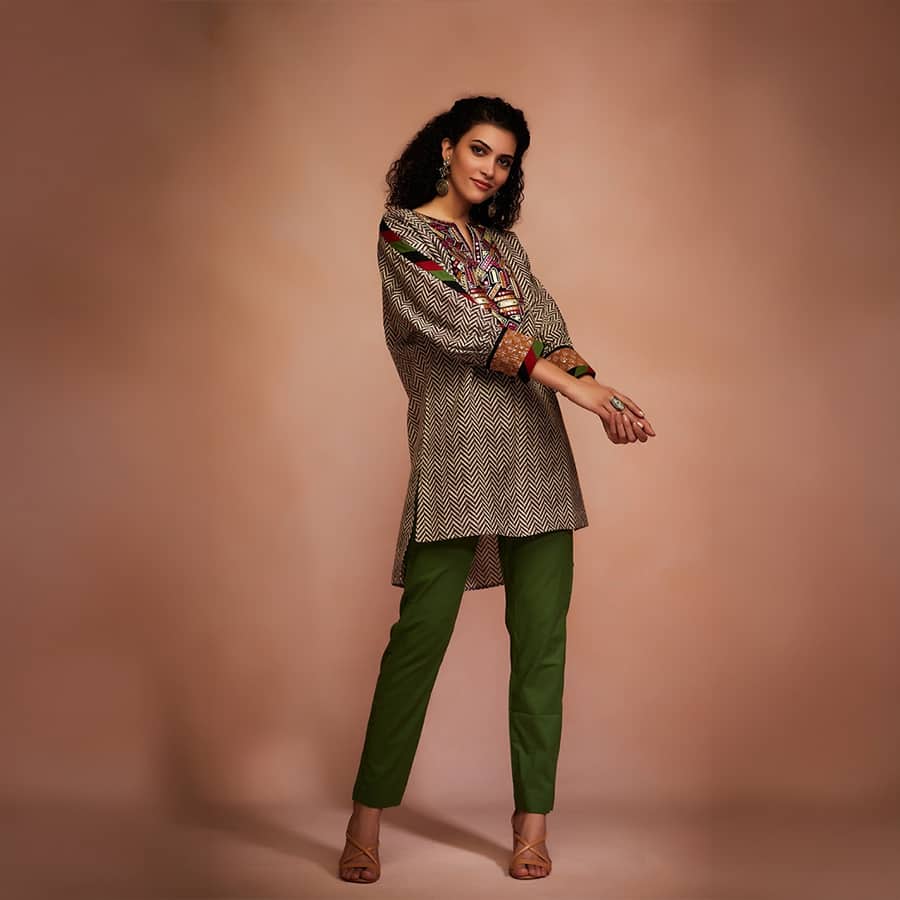 Grey Mirror Tribal Short Kurti
